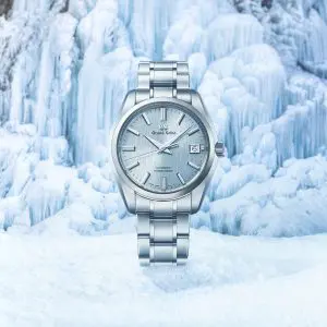 Frozen waterfall Jily Su in winter. Landscape of mountains with